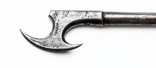 Rustic curved axe close-up, white background, historical tool