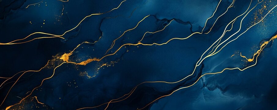 Luxury blue sapphire background backdrop graphic texture with golden lines.Wide view.AI Generative.