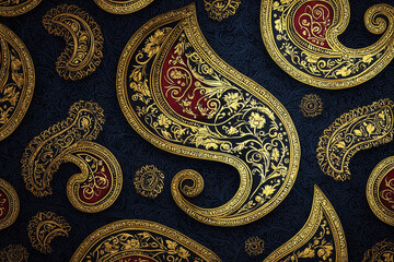 Luxurious Indian paisley design in gold and crimson on deep navy blue background showcasing intricate patterns