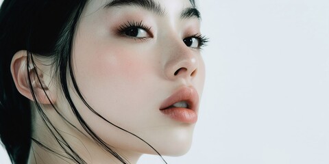 Beauty portrait of young asian woman model with sleek straight black hair,white skin and natural makeup with pink lips.MAcro.AI Generative.
