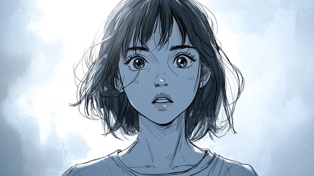 Surprised Girl Portrait Anime Style Illustration Blue Hues