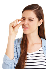 Fototapeta premium Hand gesture, studio and woman with small size sign, little pinch or decrease symbol on white background. Fingers, female person or measurement for review, tiny scale and opinion for growth feedback