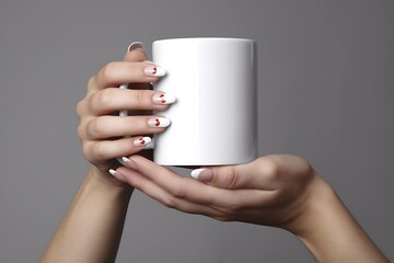 Woman’s Hands with Heart Nail Art Holding White Ceramic Mug – Minimal Valentine’s Day Manicure on Neutral Background for Beauty, Lifestyle, Self-Care, Nail Salon Promotions, and Product Mockups"