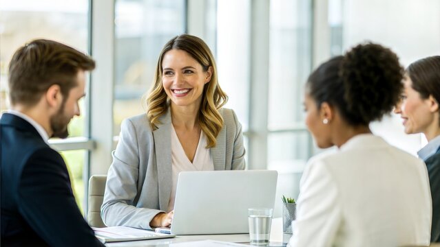 Female manager working with colleagues in office, consulting client or investor, hr taking job interview. Happy busy business people corporate executive recruitment team talking at group meeting	
