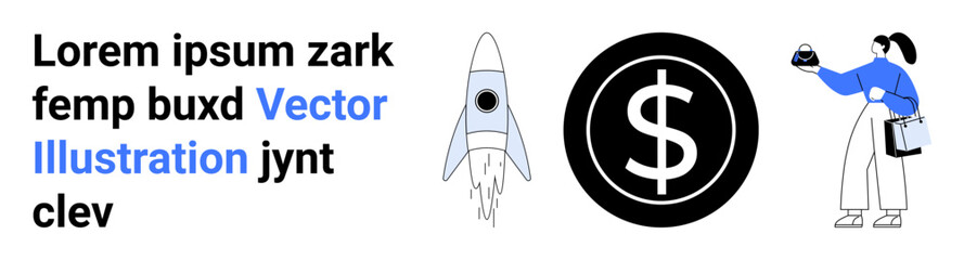 Rocket launching, dollar symbol, and a person holding a bag represent innovation, financial growth, and commerce. Ideal for startup, business, finance, savings investments entrepreneurship flat
