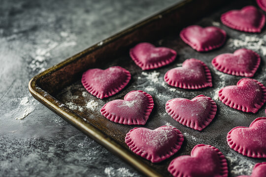 Handcrafted ruby-red heart-shaped beetroot ravioli. Perfect for Valentine's Day or gourmet cuisine. Ai generated image - Powered by Adobe