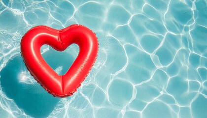 Red inflatable heart-shaped empty buoy swims in the swimming pool. top view. copy space.