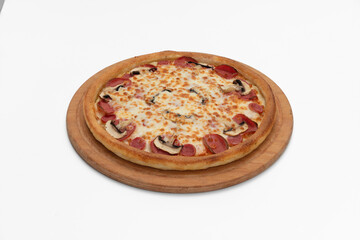 Pizza with salami, mushrooms and cheese on a white background