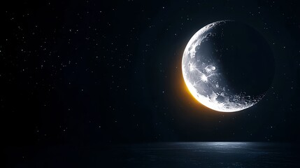 Crescent Moon over Dark Ocean at Night