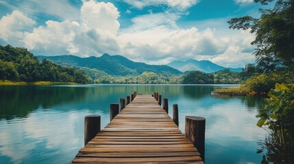 Wooden Pier on Lake with Mountains