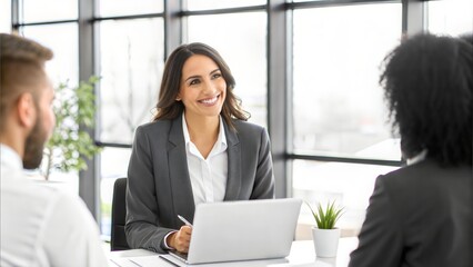 Obraz premium Female manager working with colleagues in office, consulting client or investor, hr taking job interview. Happy busy business people corporate executive recruitment team talking at group meeting 