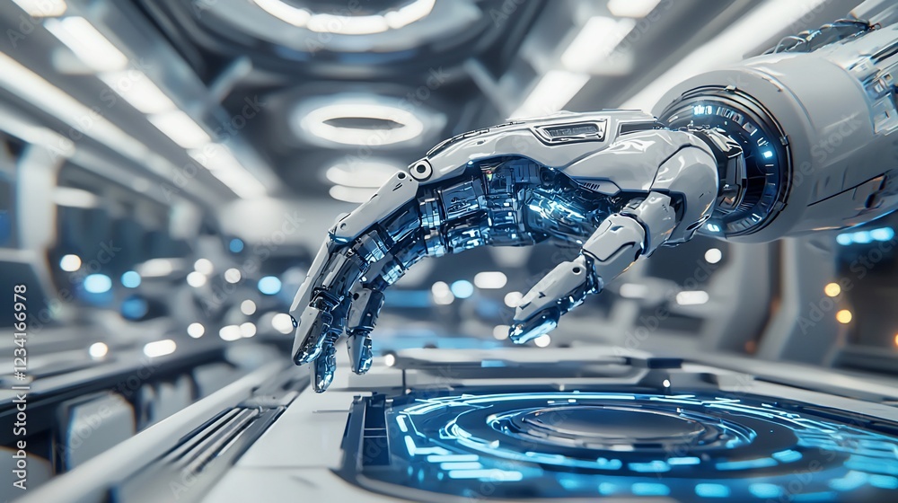Poster robotic hand interacting with futuristic technology interface