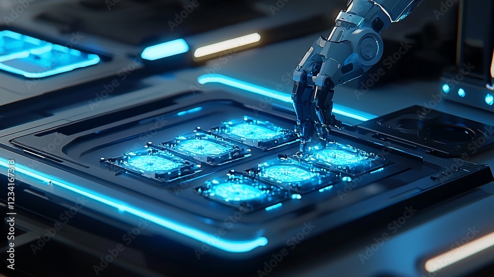 Poster robotic arm installing futuristic microchips technology