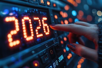Futuristic digital countdown with hand touching glowing 2026 display