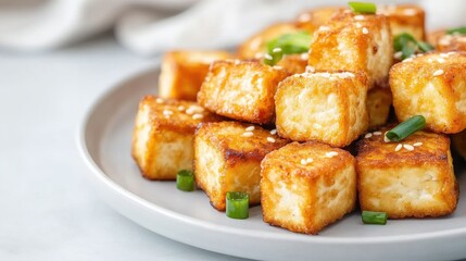 Plant Based Protein Sources concept. Crispy golden tofu cubes garnished with green onions, served on a plate. A delicious plant-based dish perfect for various meals.