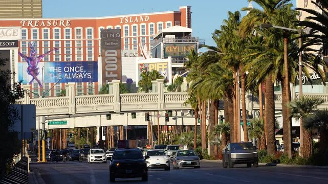 Traffic on Flamingo Road with Palm Trees and Large Advertisements &ndash; Daytime View of Las Vegas 4K. Las vegas street, Nevada, USA.