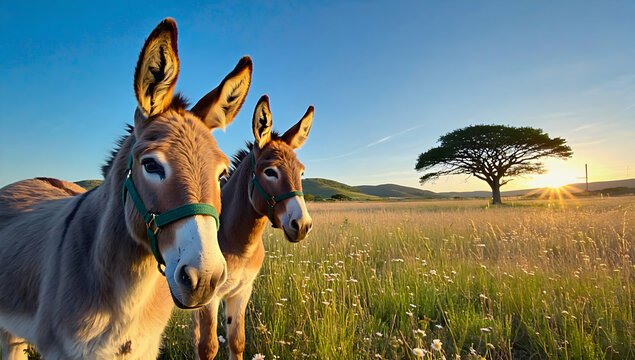 Two donkeys stand in a sunset lit field with rolling hills