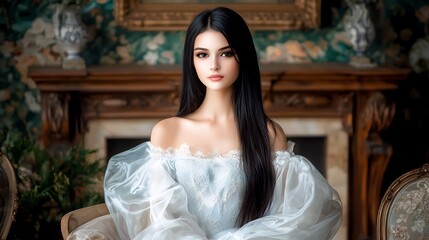 Elegant young woman in a vintage setting, seated gracefully with a floral backdrop and ornate decor