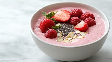 Plant Based Protein Sources concept. A vibrant smoothie bowl topped with fresh strawberries, raspberries, chia seeds, and sliced almonds, served in a white bowl.
