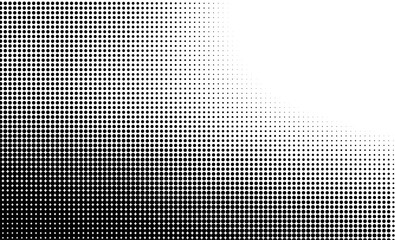 Curved halftone gradient pattern featuring black dots on white background with a striking shift in density and direction.