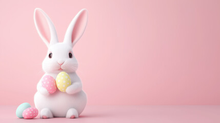Obraz premium Cute white rabbit holding colorful Easter eggs against pink background.