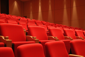 Obraz premium Modern auditorium with red chairs and beige wall