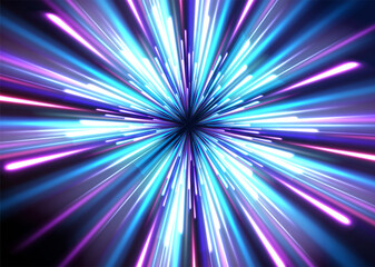 Acceleration speed motion on night road. Magic moving fast speed police lines. Blurred car light motion effect, city road background with long exposure night lights.	