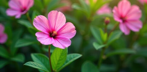 Fototapeta premium Pink flower amidst a bed of lush green leaves, blossoms, blooms, pink flower