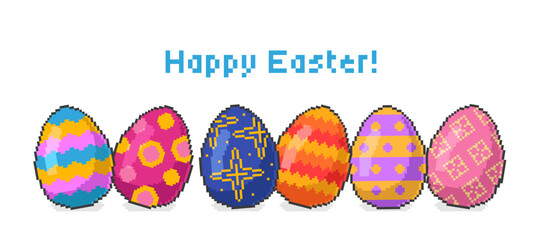 Pixel art Easter eggs horizontal banner. Vector illustration