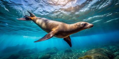 Obraz premium Majestic Sea Lion Swimming Gracefully Underwater in Clear Waters