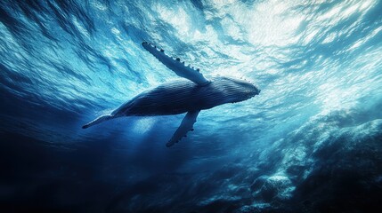 Fototapeta premium Humpback Whale Breaching in Vast Blue Ocean.