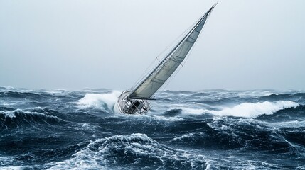 Sailing yacht battling stormy ocean waves; dramatic sea; nautical adventure