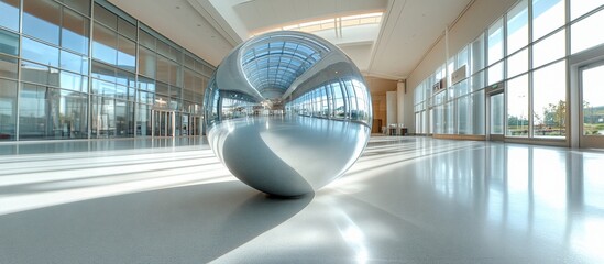 Fototapeta premium Chrome sphere reflects modern lobby, sunlight streams through glass walls