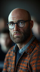 Obraz premium Bald Man in Glasses Orange Plaid Shirt Close up Portrait