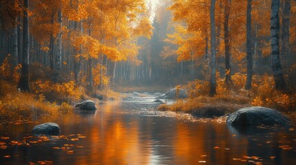 Autumnal Serenity: Golden Reflections in a Misty Forest Stream