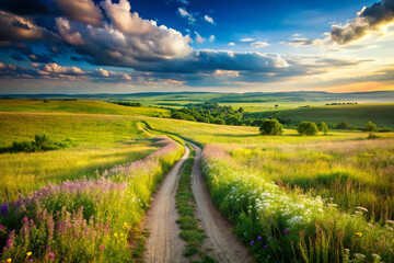 Obraz premium photo of a lush green land with a winding dirt road leading to the horizon