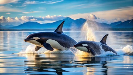 Fototapeta premium Two Orcas Swimming in Calm Blue Water under Scenic Mountain View