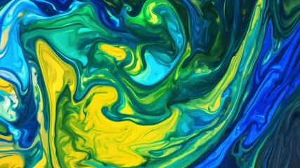 Zoom in and pan, the camera zooms while panning across a canvas of swirling paint under colored lights, blue and yellow gel lights mix, creating vibrant green highlights within the abstract patterns