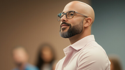 Obraz premium thoughtful man with glasses and beard, wearing light shirt, engaged in discussion.