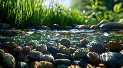 Fototapeta premium Crystal Clear River Water Flowing Over Smooth Pebbles and