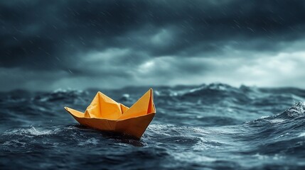 Obraz premium Paper boat stormy sea rain clouds vulnerability hope