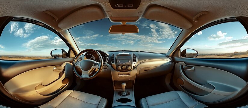 Interior car view, sunny landscape, 360 panorama, travel ad