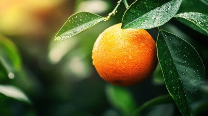 Fresh orange hanging on a tree branch surrounded by green leaves with dew drops glistening