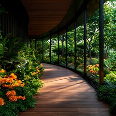 Obraz premium Curved Wooden Walkway Through Lush Green Tropical Garden