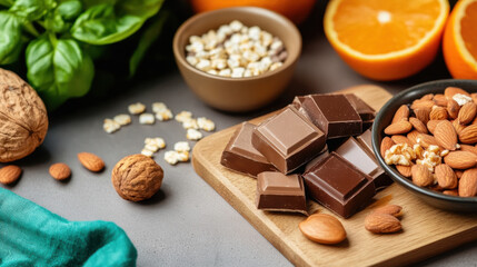 Assorted nuts, chocolates, and fresh oranges arranged on a wooden board with green basil and popcorn for a healthy snack setting