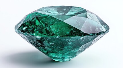 An emerald round gemstone placed over a white background, showcasing its rich green hue in a high-resolution image