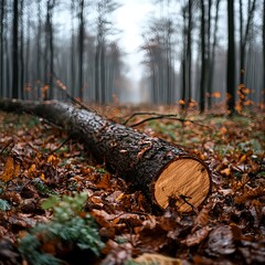 Obraz premium Cut Tree Trunk in Autumn Forest with Fallen Leaves