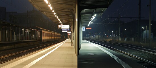 Naklejka premium Night train station platform, empty tracks, city background; travel, transportation