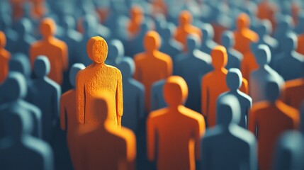 Orange figure stands out in a large crowd, concept for leadership