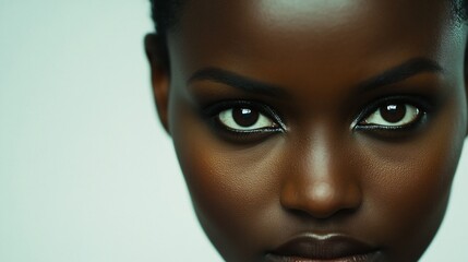 Close-up portrait, woman, dark skin, intense gaze, studio, beauty